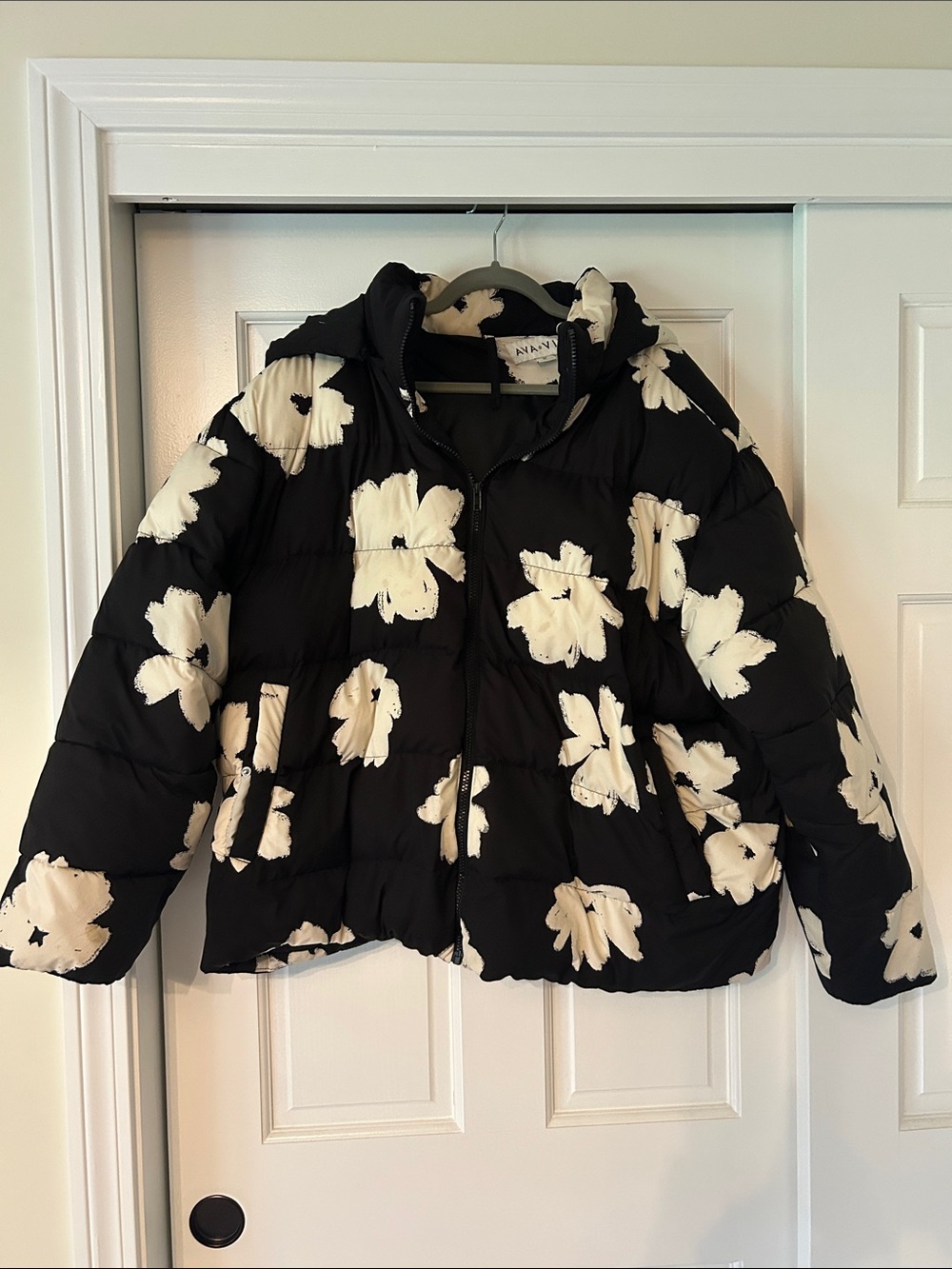 Ava & Viv Black Hooded Puffer Jacket with White Floral Print